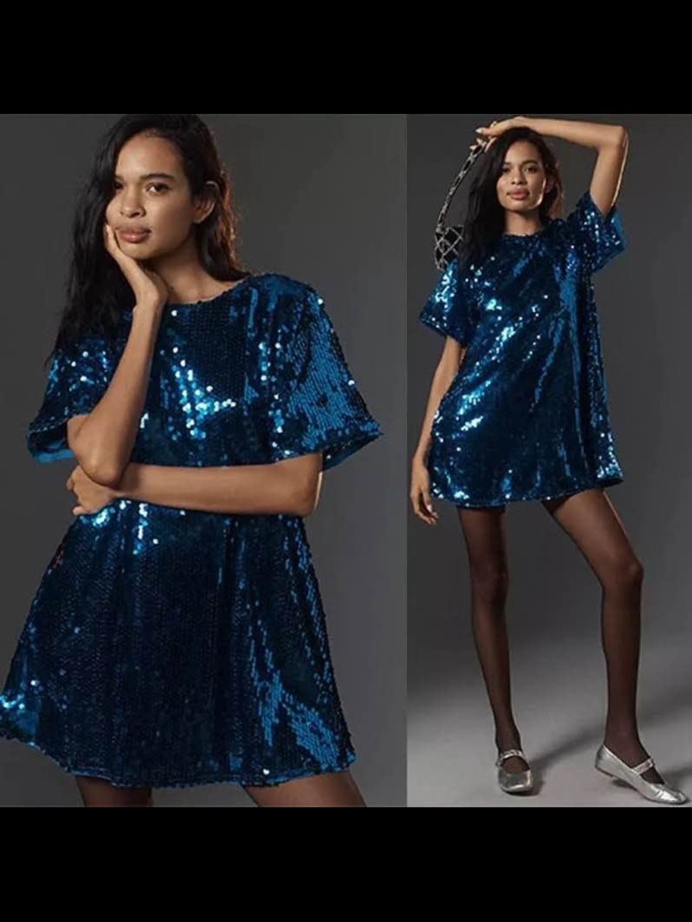 Blue Sequin Short Sleeve Party Dress